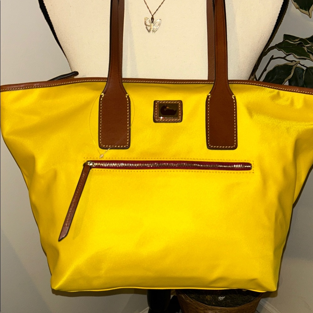 Dooney & Bourke Yellow Wayfarer Nylon Tote with Brown Leather Trim
